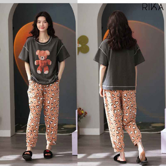 RIKA เซ็ตชุดนอน เสื้อลำลองพร้อมกางเกงขา4ส่วน รุ่น AA3062 สีเทาเข้ม RIKA เซ็ตชุดนอน เสื้อลำลองพร้อมกางเกงขา4ส่วน รุ่น AA3062 สีเทาเข้ม