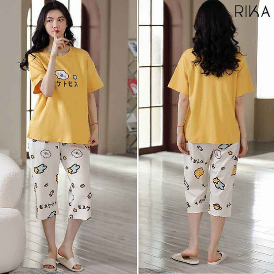 RIKA เซ็ตชุดนอน เสื้อลำลองพร้อมกางเกงขา4ส่วน รุ่น AA3062 สีเหลือง RIKA เซ็ตชุดนอน เสื้อลำลองพร้อมกางเกงขา4ส่วน รุ่น AA3062 สีเหลือง