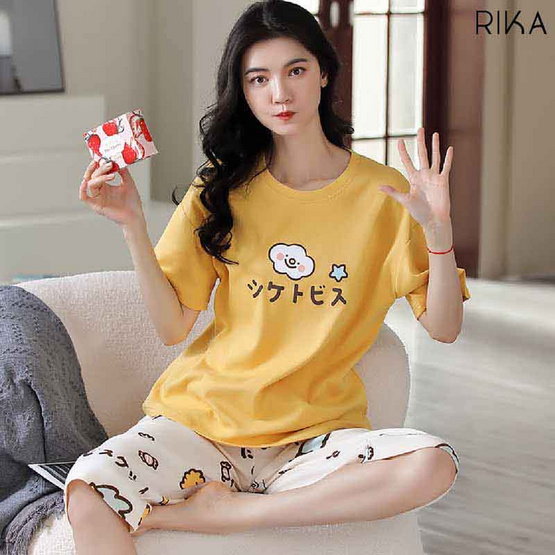 RIKA เซ็ตชุดนอน เสื้อลำลองพร้อมกางเกงขา4ส่วน รุ่น AA3062 สีเหลือง RIKA เซ็ตชุดนอน เสื้อลำลองพร้อมกางเกงขา4ส่วน รุ่น AA3062 สีเหลือง