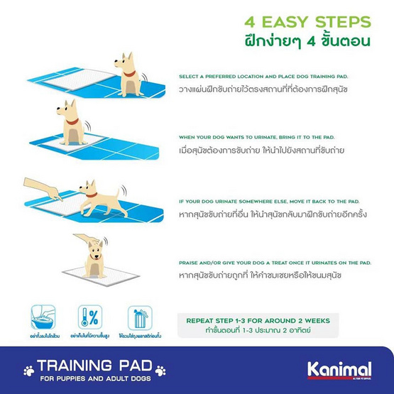 Kanimal Pad แผ่นรองฉี่สุนัข แผ่นรองซับ Size L ขนาด 60x90 ซม. 20 แผ่น / แพ็ก Kanimal Pad แผ่นรองฉี่สุนัข แผ่นรองซับ Size L ขนาด 60x90 ซม. 20 แผ่น / แพ็ก