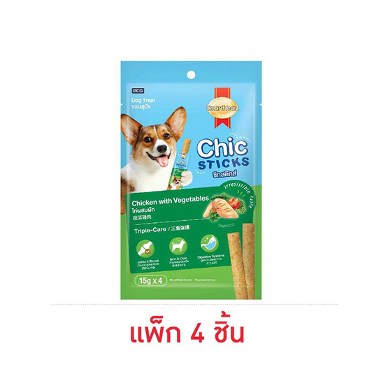 สมาร์ทฮาร์ท ชิกสติกส์ รสไก่ผสมผัก 15ก.(1แพ็ก 4 ชิ้น) สมาร์ทฮาร์ท ชิกสติกส์ รสไก่ผสมผัก 15ก.(1แพ็ก 4 ชิ้น)