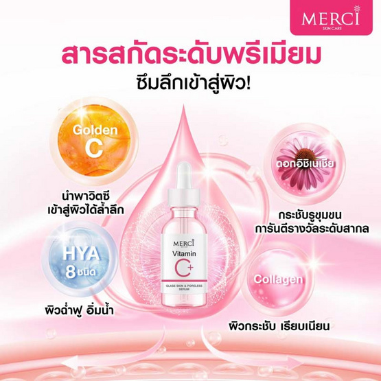 Merci เซรั่มบำรุงผิวหน้า Vitamin C+ Glass Skin & Poreless Serum 15 มล. Merci เซรั่มบำรุงผิวหน้า Vitamin C+ Glass Skin & Poreless Serum 15 มล.