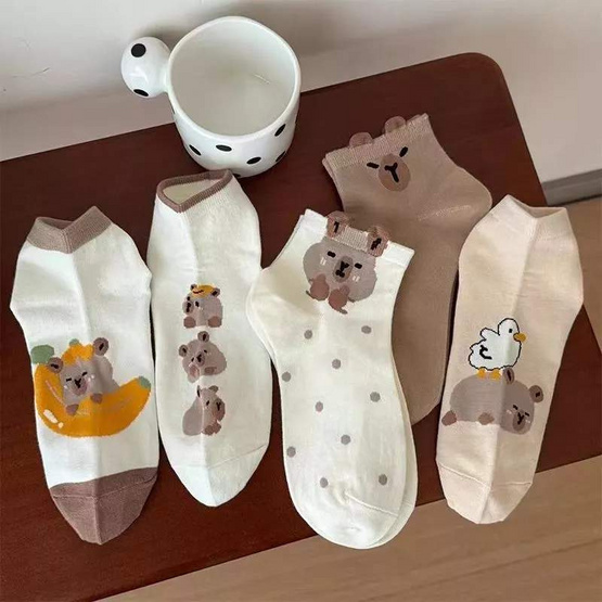 Fashion sock ถุงเท้า ลายหมูโทนน้ำตาล NO.B85 (5ลาย/10คู่)