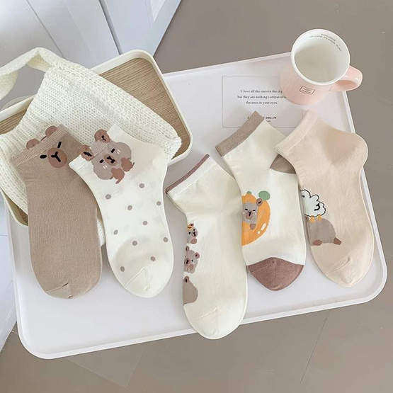 Fashion sock ถุงเท้า ลายหมูโทนน้ำตาล NO.B85 (5ลาย/10คู่)