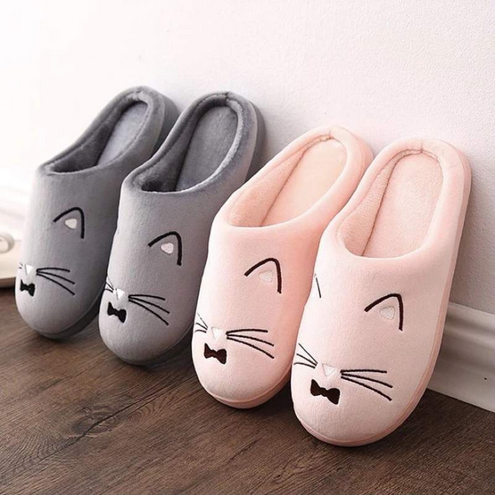 Fashion slippers รองเท้าใส่ในบ้าน ลายแมว สีเทา