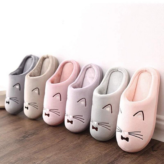 Fashion slippers รองเท้าใส่ในบ้าน ลายแมว สีเทา