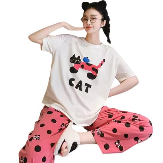 Bra Studio ชุดนอนเสื้อแขนสั้นพร้อมกางเกงขายาว ลายแมวลายจุด