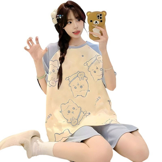 Bra Studio ชุดนอนเสื้อแขนสั้นพร้อมกางเกงขาสั้น ลายแมวสีฟ้า