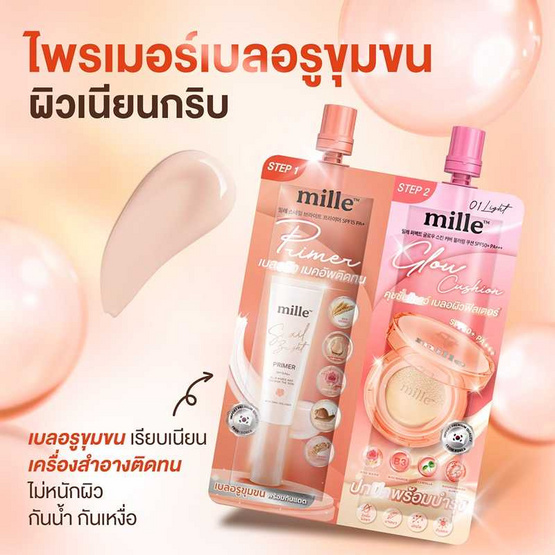 Mille ไพร์เมอร์คุชชั่น Duo Primer Glow Cushion 4 X4 กรัม (แพ็ก 6 ชิ้น)