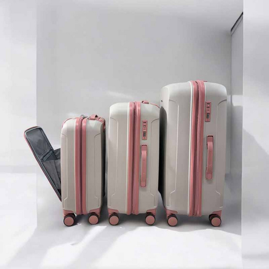 DENPA กระเป๋าเดินทาง รุ่น PP 2 TONE ขยายซิป สีกากี-ขอบชมพู