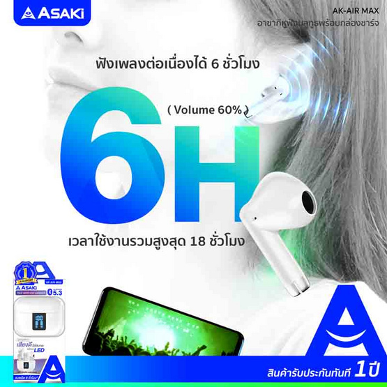 Asaki หูฟังบลูทูธแบบ True Wireless รุ่น AK-AIR MAX