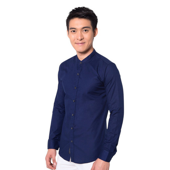 THE ROOM'S เสื้อเชิ้ตแขนยาวคอจีน ผ้าอ็อกฟอร์ด สีกรมท่า