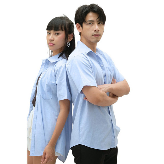 THE ROOM'S เสื้อเชิ้ตแขนสั้นคอปก ผ้าอ็อกฟอร์ด สีฟ้า THE ROOM'S เสื้อเชิ้ตแขนสั้นคอปก ผ้าอ็อกฟอร์ด สีฟ้า