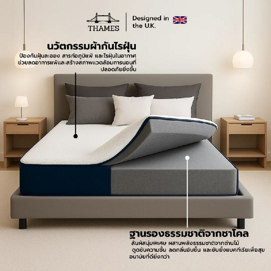 Thames ที่นอนชาโคลอัดสุญญากาศ รุ่น Charcoal หนา 4 นิ้ว