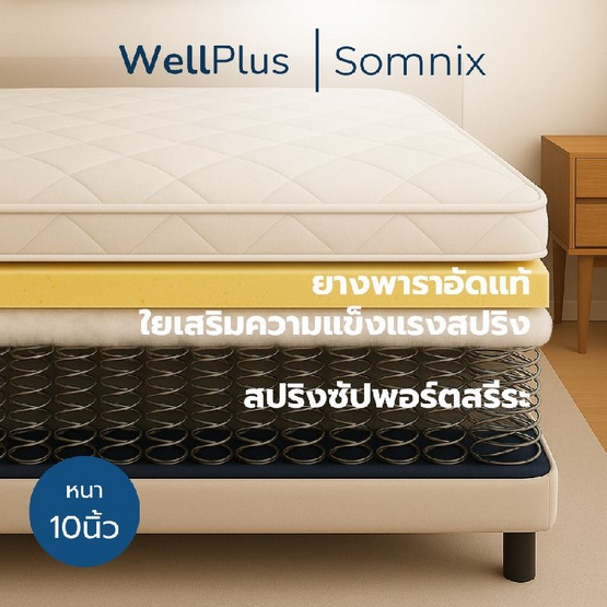 WellPlus ที่นอนยางพาราแท้เสริมสปริงพรีเมียม รุ่น Somnix หนา 10 นิ้ว