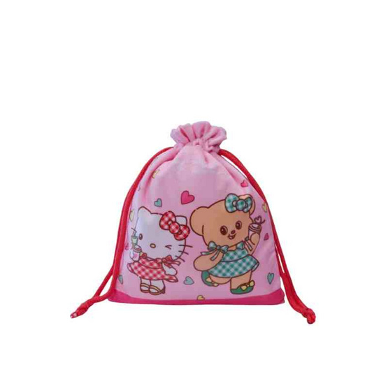 กระเป๋าผ้าหูรูด Hello Kitty X Butterbear สีชมพู