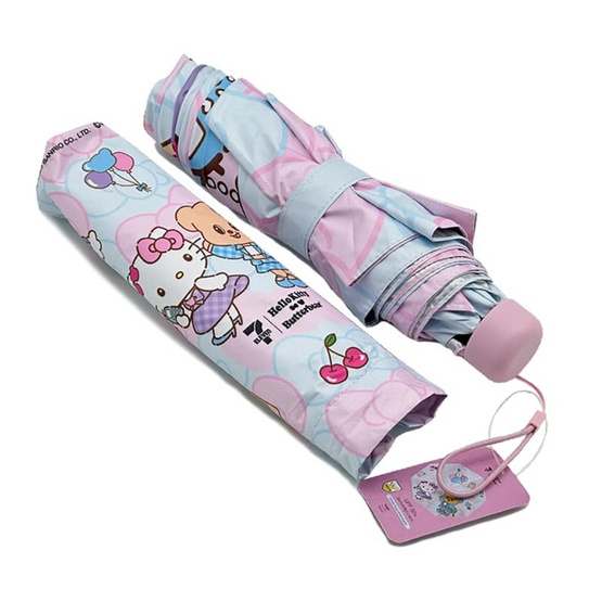 ร่มสั้นพับได้ Hello Kitty X Butterbear 20นิ้ว 3ตอน กันยูวี พร้อมปลอก ลายโบว์
