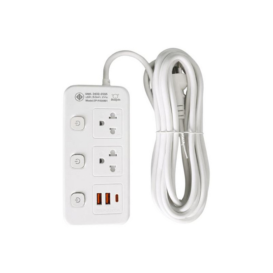 Sheepola ปลั๊กไฟ 2 ช่อง 2 USB 1 TypeC สายยาว 5 เมตร รุ่น SP-PS00801