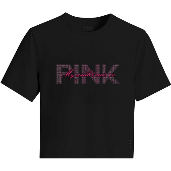 GQ EASY เสื้อยืดทรงครอป ลาย Pink สีดำ