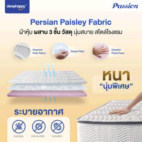 SleepHappy ที่นอนพ็อกเก็ตสปริง เสริมยูโรท็อป รุ่น Passion หนา 11 นิ้ว
