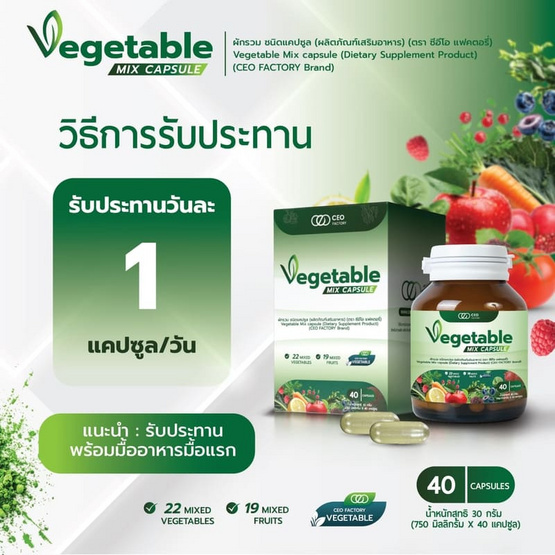 CEO FACTORY ผงผัก มิกซ์ บรรจุ 40 แคปซูล 1 กระปุก CEO FACTORY ผงผัก มิกซ์ บรรจุ 40 แคปซูล 1 กระปุก