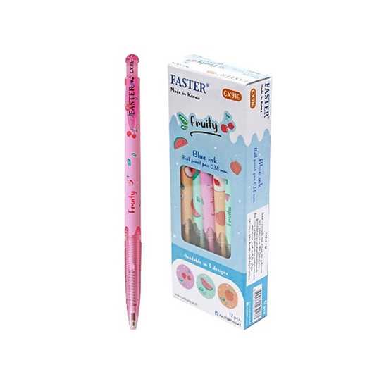 FASTER ปากกาลูกลื่น Fruity 0.38 มม. หมึกน้ำเงิน ด้ามคละลาย (กล่อง 12 ด้าม) FASTER ปากกาลูกลื่น Fruity 0.38 มม. หมึกน้ำเงิน ด้ามคละลาย (กล่อง 12 ด้าม)