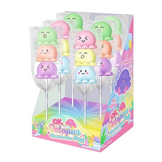 โอเค มาร์ชแมลโลป๊อปทรีโอออคโทพุสกลิ่นผลไม้ คละแบบ 30 กรัม (แพ็ก 6 ชิ้น) โอเค มาร์ชแมลโลป๊อปทรีโอออคโทพุสกลิ่นผลไม้ คละแบบ 30 กรัม (แพ็ก 6 ชิ้น)