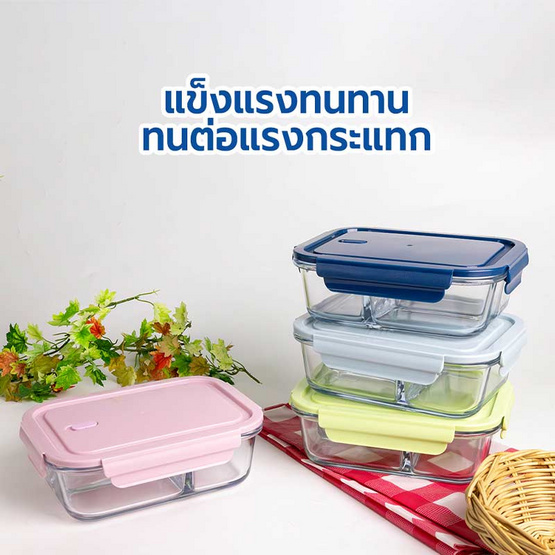 กล่องแก้ว ถนอมอาหาร Borosilicate Glass แบบ 3 ช่อง ขนาด 1000ml.
