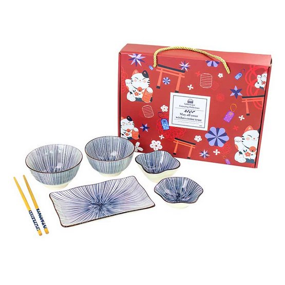ชุดจานชามญี่ปุ่นเซรามิก พร้อมตะเกียบ 6 ชิ้น/ชุด ในกล่องของขวัญ