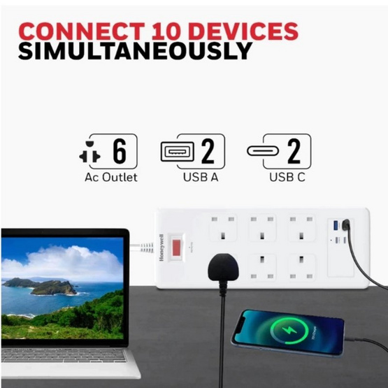Honeywell ปลั๊กไฟ 6 ช่อง 2 TypeC 2USb