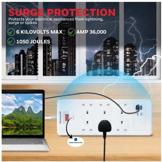 Honeywell ปลั๊กไฟ 6 ช่อง 2 TypeC 2USb