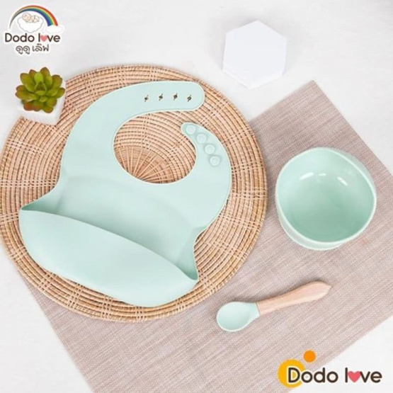 DODOLOVE ชุดเอี๊ยมซิลิโคนรองอาหารเด็ก สีเขียว