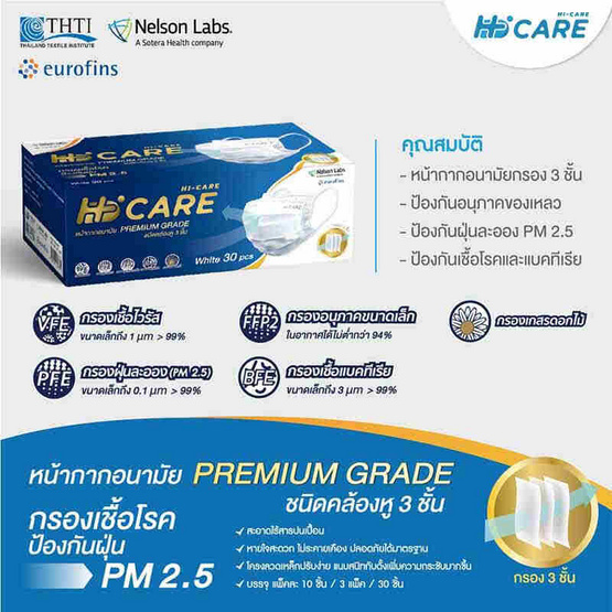 Hi-Care Premium Grade หน้ากากอนามัยหนาพิเศษ สีขาว บรรจุ 30 ชิ้น (แพ็กคู่)