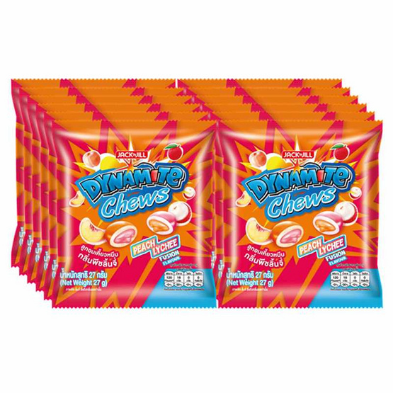 ไดนาไมท์ชิวส์ ลูกอมเคี้ยวหนึบพีชลิ้นจี่ 27 กรัม (แพ็ก 12 ชิ้น)