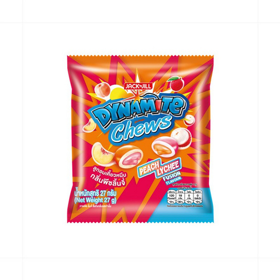 ไดนาไมท์ชิวส์ ลูกอมเคี้ยวหนึบพีชลิ้นจี่ 27 กรัม (แพ็ก 12 ชิ้น)
