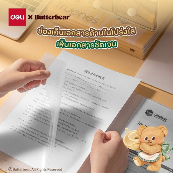 Deli แฟ้มเก็บเอกสาร 2 ด้าน 4 ช่อง ลาย Butterbear สีเทา