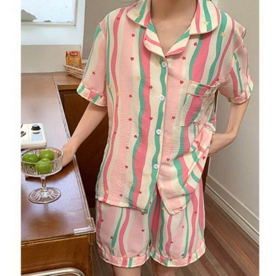 Forever25 ชุดนอนผู้หญิงคอปก เสื้อแขนสั้นพร้อมกางเกงขาสั้น สีชมพูเขียว