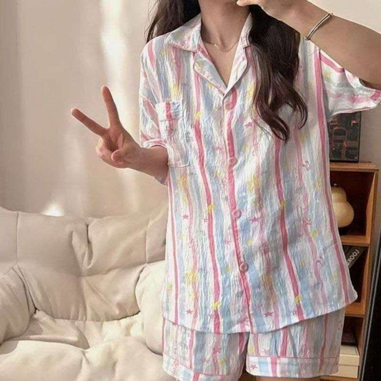 Forever25 ชุดนอนผู้หญิงคอปก เสื้อแขนสั้นพร้อมกางเกงขาสั้น สีชมพูฟ้า