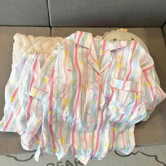 Forever25 ชุดนอนผู้หญิงคอปก เสื้อแขนสั้นพร้อมกางเกงขาสั้น สีชมพูฟ้า