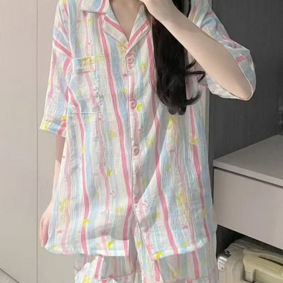 Forever25 ชุดนอนผู้หญิงคอปก เสื้อแขนสั้นพร้อมกางเกงขาสั้น สีชมพูฟ้า