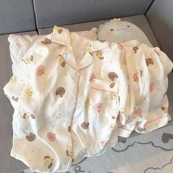 Forever25 ชุดนอนผู้หญิงคอปก เสื้อแขนสั้นพร้อมกางเกงขาสั้น ลายสุนัขหมี