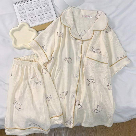 Forever25 ชุดนอนผู้หญิงคอปก เสื้อแขนสั้นพร้อมกางเกงขาสั้น ลายสุนัขหมี