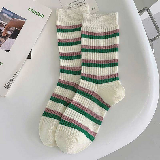 CC SOCK ถุงเท้าข้อยาวเขียว-ครีม LGRC (แพ็ก 5 คู่)