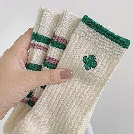 CC SOCK ถุงเท้าข้อยาวเขียว-ครีม LGRC (แพ็ก 5 คู่)