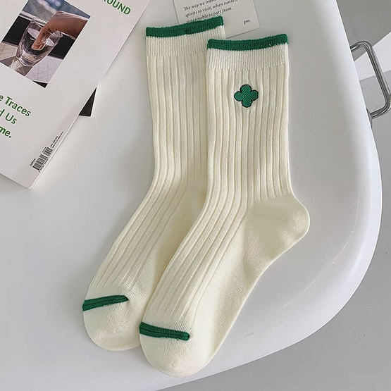 CC SOCK ถุงเท้าข้อยาวเขียว-ครีม LGRC (แพ็ก 5 คู่)