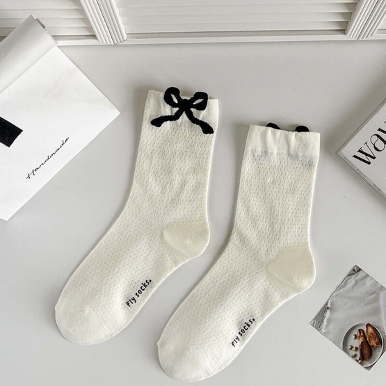 CC SOCK ถุงเท้าข้อยาวลายโบว์–จุด LBD (แพ็ก 5 คู่)