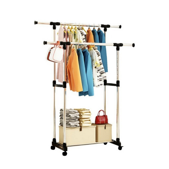 CASSA ราวตากผ้าสเเตนเลส ปรับระดับได้ บาร์คู่ พร้อมชั้นวางของ