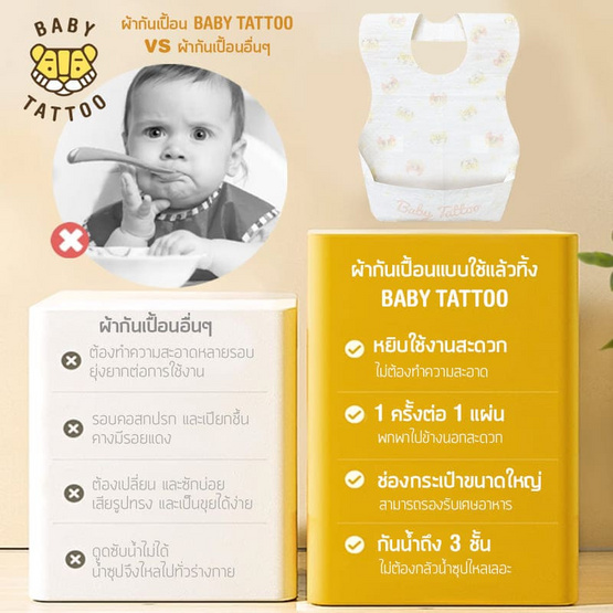 BABY TATTOO ผ้ากันเปื้อนเด็กใช้แล้วทิ้ง (1กล่อง20ชิ้น) ลายหัวเสือและหัวแมว