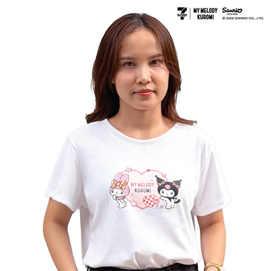 M2S Lifestyle เสื้อยืด ลายลิขสิทธิ์ My Melody and Kuromi สีขาว ลายหัวใจ 1