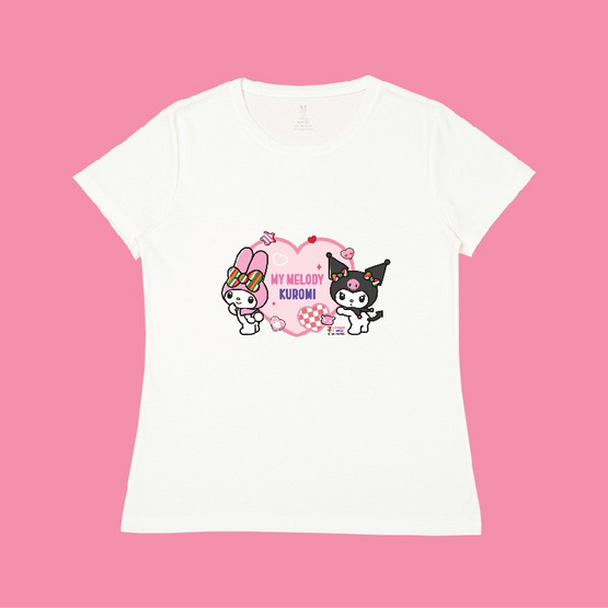 M2S Lifestyle เสื้อยืด ลายลิขสิทธิ์ My Melody x Kuromi สีขาว ลายหัวใจ 1